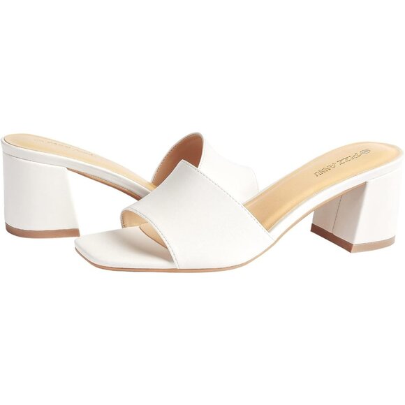 Women's Low Chunky Block Square Open Toe White Heeled Sandal Slip on Mules Shoes - Picture 4 of 5